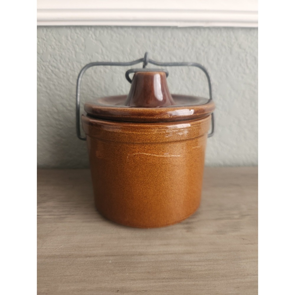 Vintage Brown Glazed Stoneware Cheese/Butter Crock with Bail Clamp Lid - 5 "